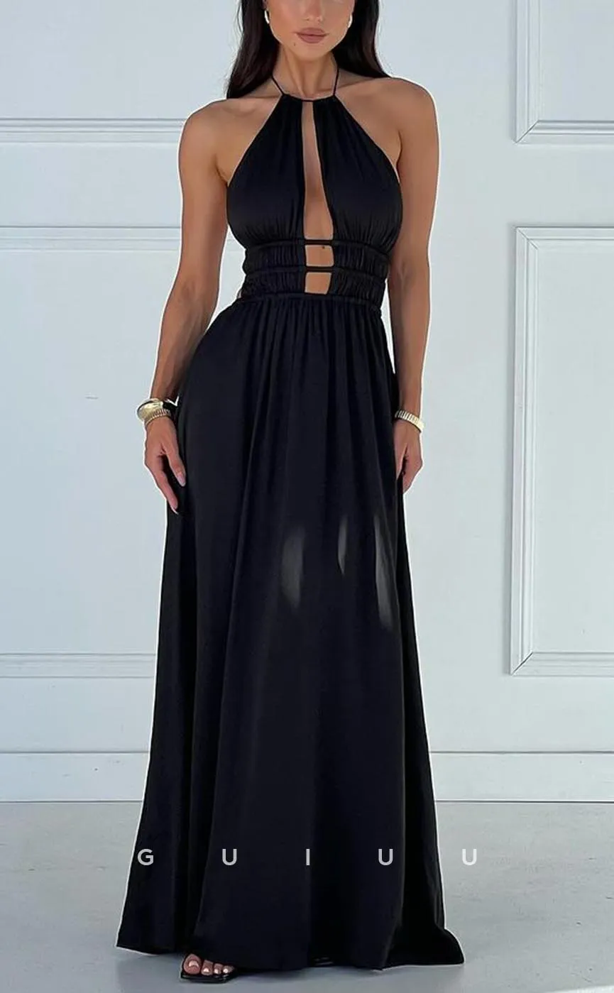 G3766 - Chic & Modern A-line Halter Draped Long Evening Party Gown Prom Dress with Cut-outs