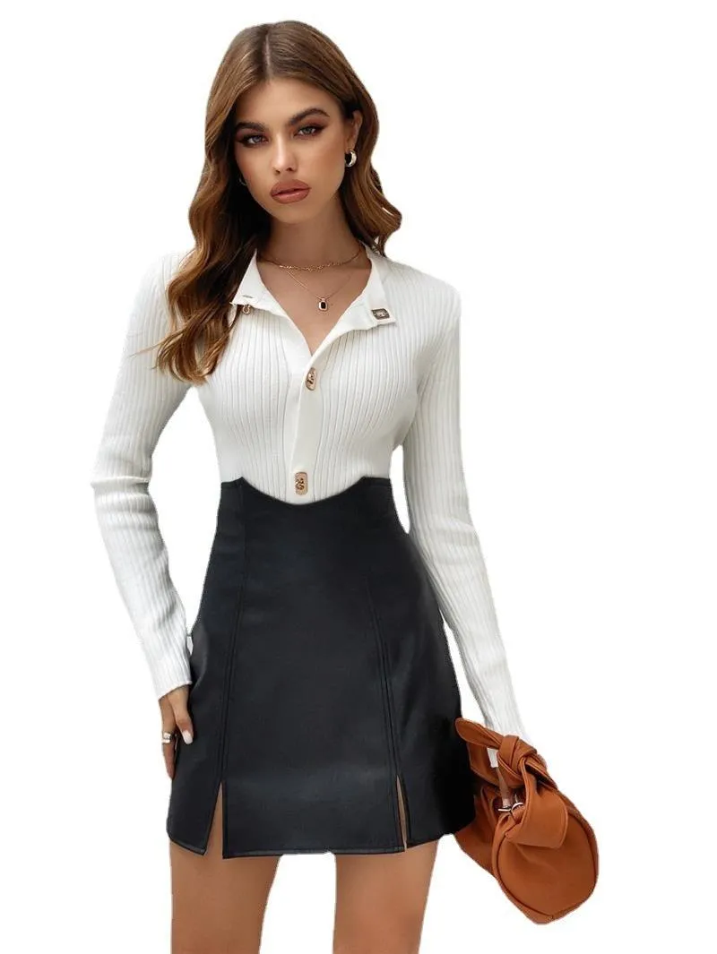 hip split bust PU leather skirt