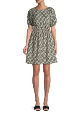 Lisa Line & Dot Plaid Dress with Puff Sleeves, Green