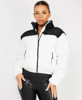 White Colour Block Padded Zipped Puffer Bomber Jacket