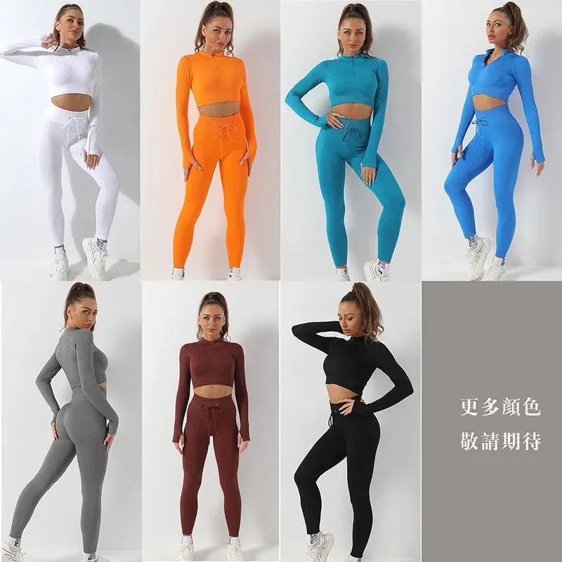 Women Sports Outfit Gym Fitness Long Sleeve Activewear Wear Workout 2 Pcs Set Elasticity Gym Workout Yoga sets For Women